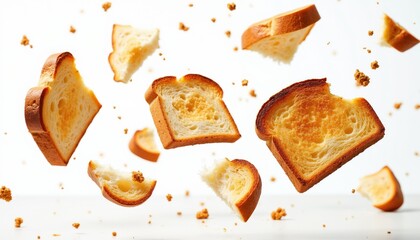 Slices of toasted bread fly in air. Golden brown toast crumbs scatter on white surface. Morning breakfast food, bakery treat, carbohydrate snack.