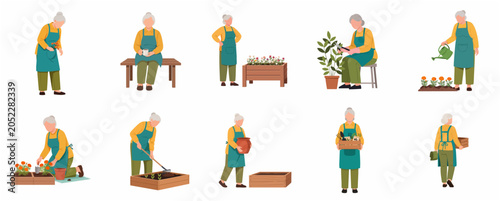 Elderly Woman Gardening Vector Character Set. Senior Female Hobby Flat Illustration of Grandmother Planting, Watering and Pruning Plants Isolated on White Background