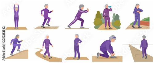 Senior woman in purple tracksuit exercising and staying active, collection of various outdoor fitness activities for elderly people, flat vector illustration.