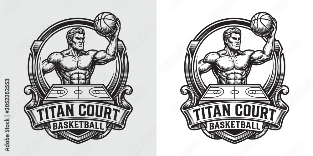 Fototapeta premium Titan Court Basketball Logo Featuring Muscular Player and Basketball Court