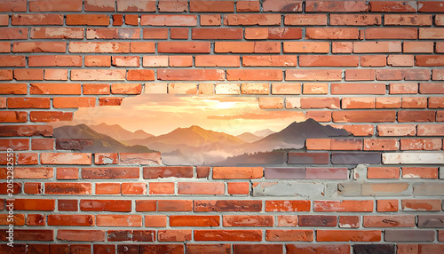 hole in brick wall revealing a misty mountain landscape at sunset, concept of discovery and new horizons