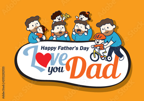 Happy Father’s Day greeting card. Father and child love. Vector illustration with father and kids in cute cartoon character style for banner, poster, illustration.