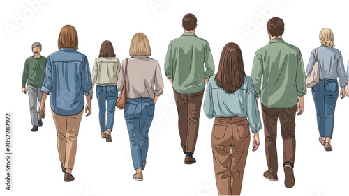 Konstfotografi People walking together in a group from behind in casual clothes