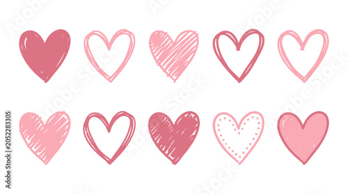 Set of pink hand drawn heart icons in different outline styles