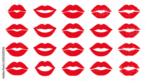 фотографія Set of red lips and lipstick kiss marks isolated on white
