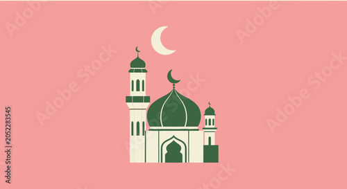 Tableau sur toile Green mosque with crescent moon on soft background