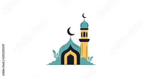 Bild auf Leinwand Modern flat mosque with blue dome and yellow minaret