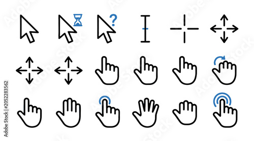 Obraz na płótnie Set of flat cursor and hand pointer icons with click symbols