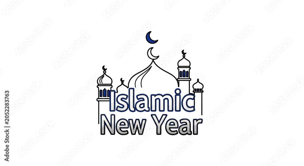 Naklejka premium Outlined mosque with crescent moon for islamic new year celebration