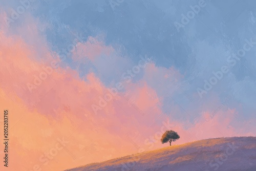 A lone tree standing atop a hill illuminated by the warm light of the setting sun. the sky is a deep blue with wispy white clouds scattered across the horizon.
