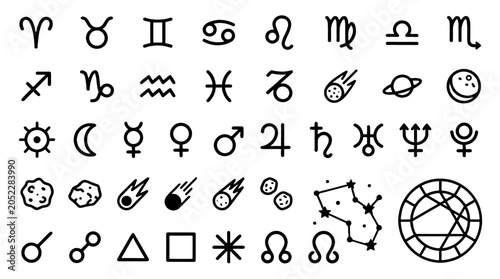 Bild auf Leinwand Set of simple astrology and celestial symbols line icons