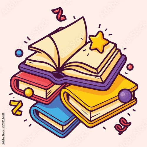 Magic Open Book Stack Cartoon Vector Illustration