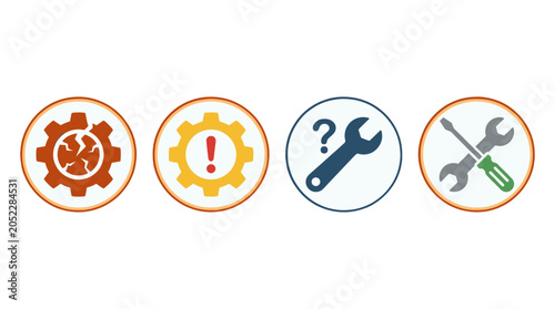 Warning and repair tool icons with gears and wrench symbols