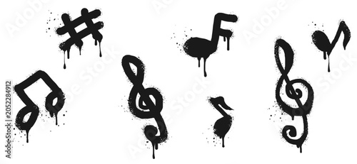 Collection of Spray Painted Graffiti Note music icon. isolated on white background. Tone icon with over spray in black over white