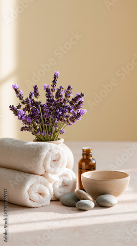 Elegant lavender arrangement with soft towels and natural elements for a tranquil spa setting Generative AI