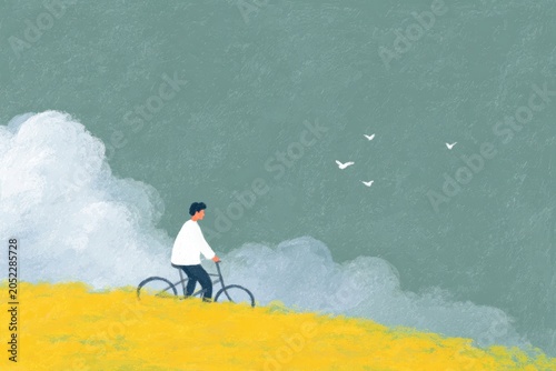 A man riding a bicycle through a field of yellow flowers with birds flying in the sky above him.