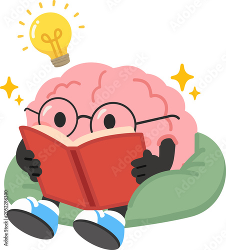 Cute Brain Character Reading a Book Carefully