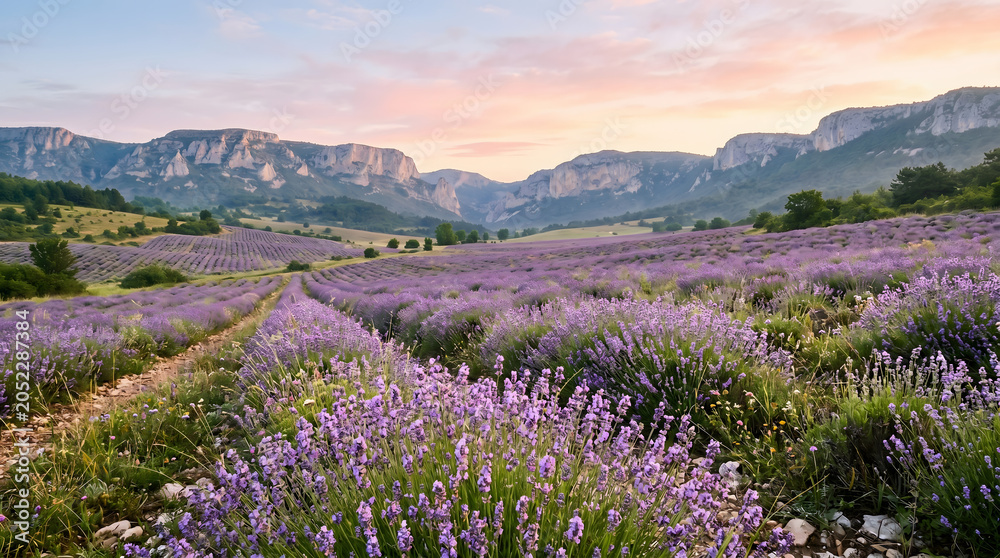 Fototapeta premium Beautiful lavender field in full bloom in a vast valley under a pastel pink and blue sunset sky