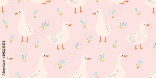 Schilderij op canvas Goose seamless pattern featuring white birds with orange beaks and small blue fl