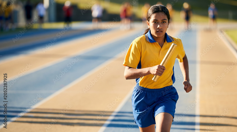 Naklejka premium Young student holding a relay baton on a sunny athletic track, representing teamwork, youth physical education, and future success