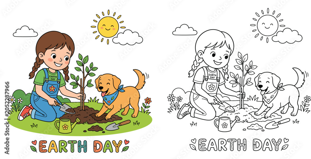 Fototapeta premium Earth Day Illustration Set with Cute Girl and Dog Planting a Tree, Coloring Page and Vector Design for Kids Educational Activity