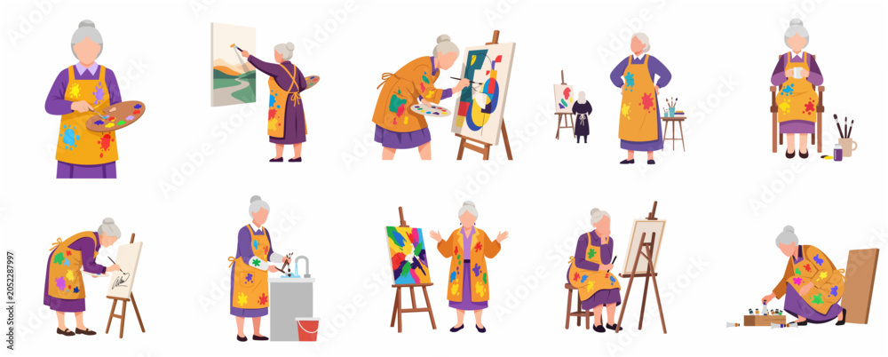 Fototapeta premium Senior woman artist character set engaged in various painting activities and creative process in flat vector illustration style.