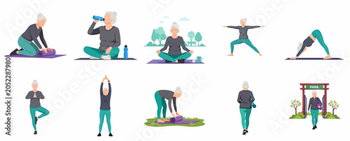 Active senior woman practicing various yoga poses and fitness exercises in the park flat vector illustration set
