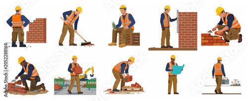 Set of Construction Worker Characters Performing Various On-Site Tasks and Masonry Work