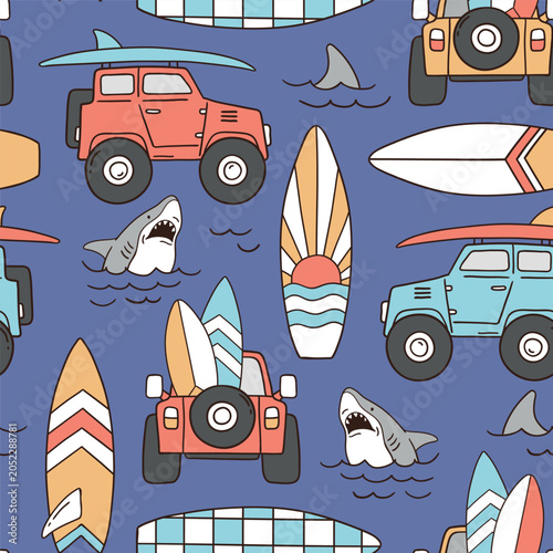 Seamless vector pattern with surfboard, pal tress, car and shark. Hand drawn surf lifestyle illustration. Summer beach vacation. Perfect for textile, wallpaper or nursery print design.