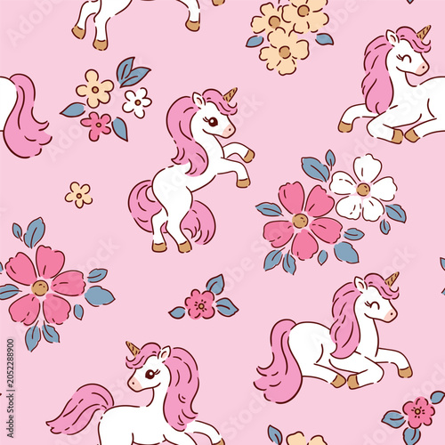 Cute unicorn with pink floral bouquets. Tiny loose floral design with white horse. Seamless vector pattern for textile, wallpaper or print design.
