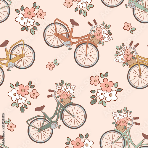 Seamless vector pattern with cute bike and flower basket. Hand drawn liberty floral with bicycle. Tiny floral illustration on isolated background. Perfect for textile, wallpaper or nursery print desi