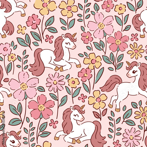 Cute white unicorns on liberty floral background. Tiny loose floral design with white horse. Seamless vector pattern for textile, wallpaper or print design.