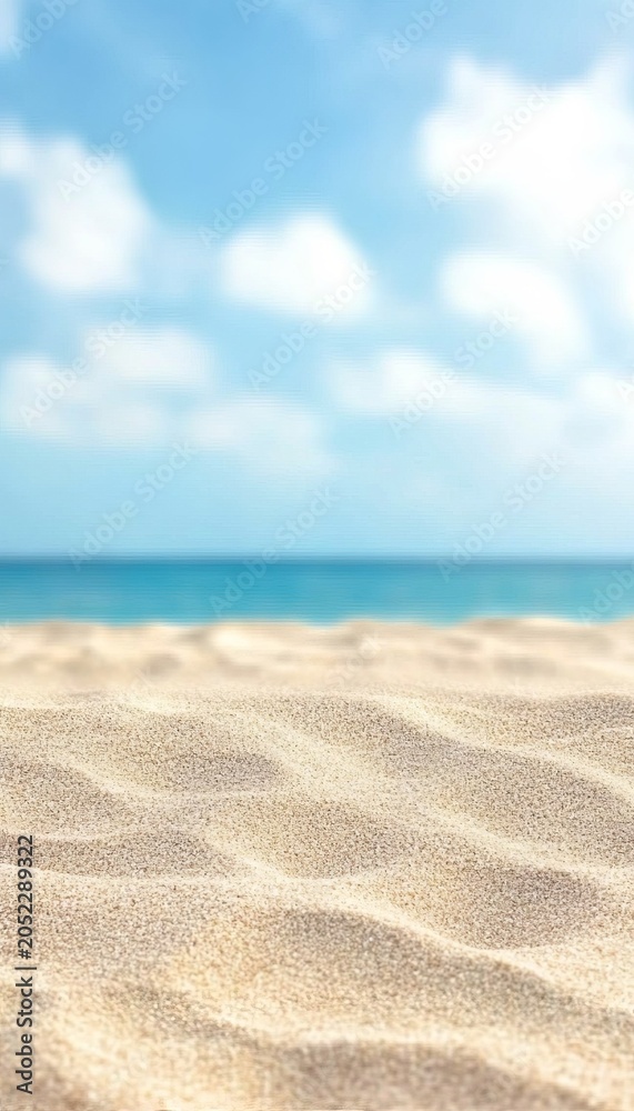 Obraz premium Stunning Sandy Seaside Paradise with Blurred Ocean Waves and Tropical Beach Vacation Vibes