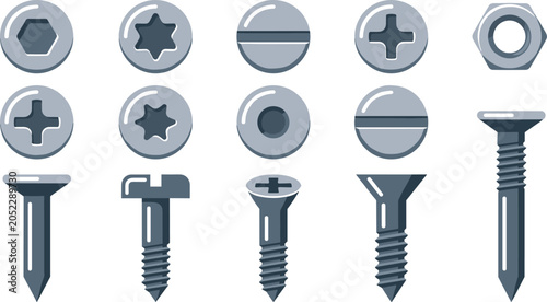 Photos Metal screw bolt and nut vector illustration set featuring various fasteners inc
