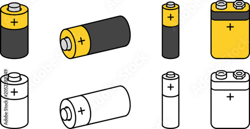 Illustration of various battery types, including AA and 9-volt, shown in colored and black-and-white outlines.
