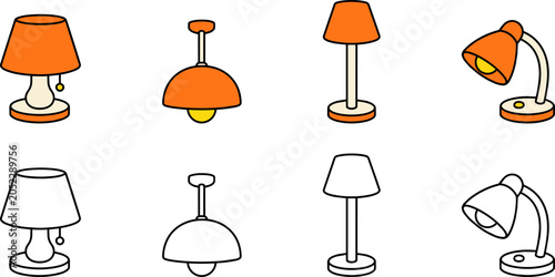 Illustration of eight lamps in two rows, with the top row colored in orange and the bottom row in black and white outline.
