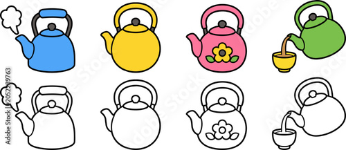 A collection of colorful and black-and-white cartoon kettles with steam and pouring actions, featuring simple designs and floral patterns.