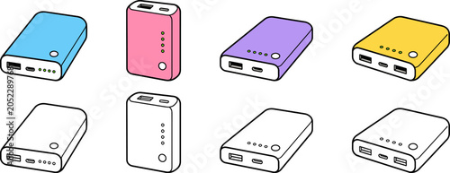 Illustration of eight portable power banks in various colors, depicted in two rows with four units each, showcasing different designs and charging ports.