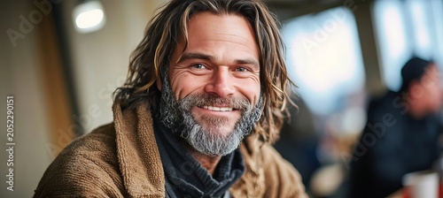 Smiling Homeless Man Sitting Inside A Soup Kitchen Or Community Feeding Room At Large Wooden Table