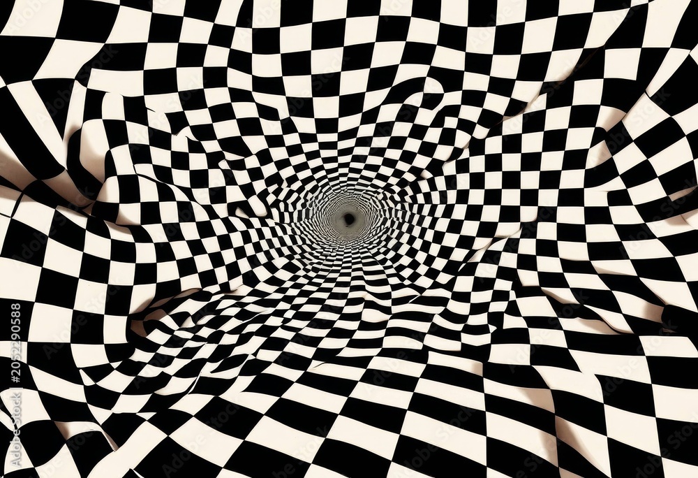 Naklejka premium Distorted black and white checkered pattern tunnel background