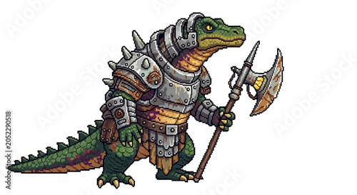 Tableau sur toile Armored Crocodile Warrior Holding Battle Axe Fantasy Art.