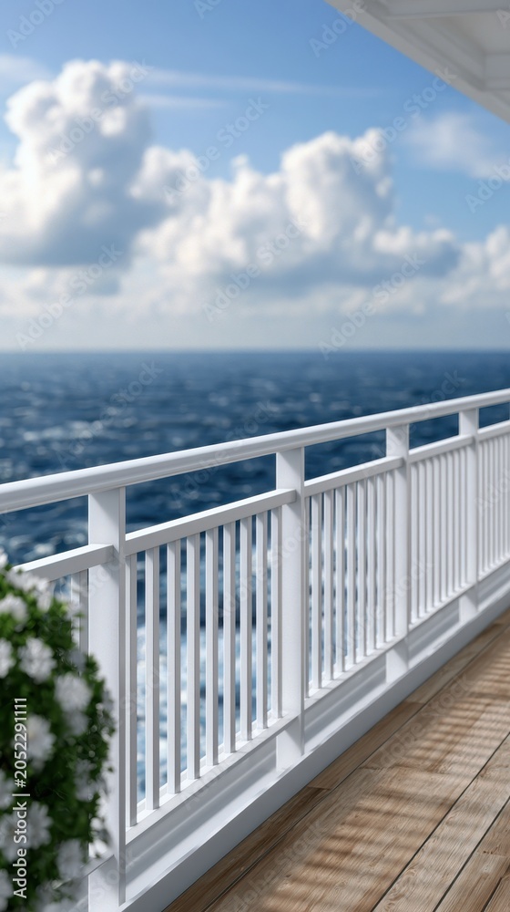 Fototapeta premium Luxury cruise ship deck railing overlooking open sea, vacation lifestyle, maritime travel, relaxation concept, premium tourism.