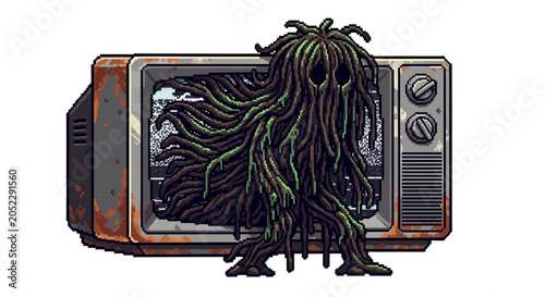 Creepy creature emerging from old television screen.
