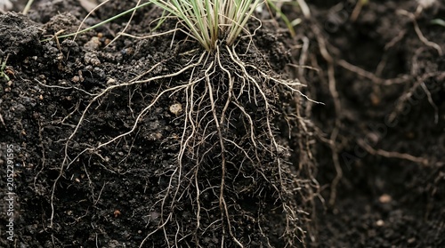 Close-up of roots growing in dark soil with green grass on top.