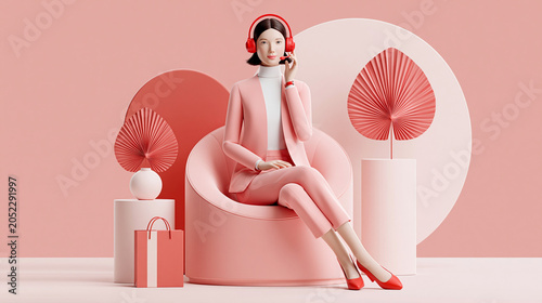 Virtual shopping assistant, AI-driven customer support, 3D illustration, enhanced retail concept, copy space