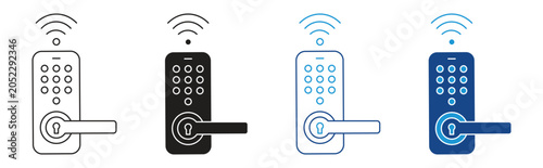 Wireless door lock icon set. Housing security through modern technologies. Vector illustration.
