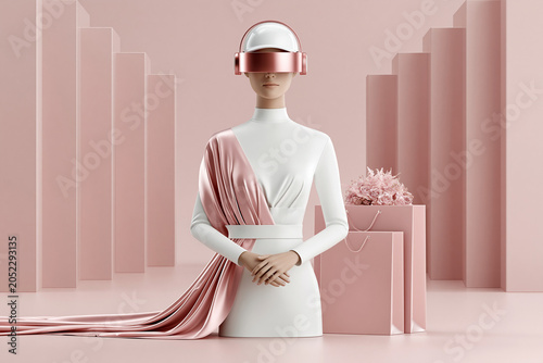 Virtual shopping assistant, AI-driven customer support, 3D illustration, enhanced retail concept, copy space