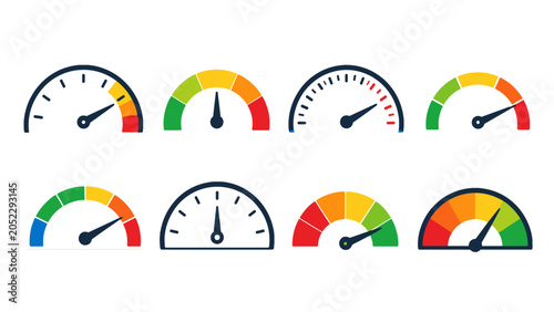 Photos Set of colorful semicircle gauge meter icons on white