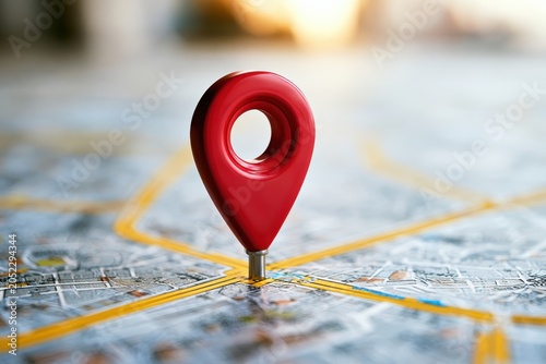 Red location pin marking a specific spot on a paper city map in a sharp macro shot for travel and logistics marketing