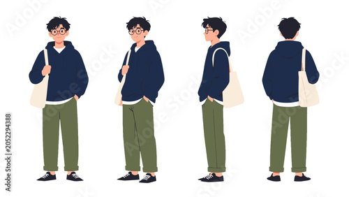 Foto Casual young man character turnaround with tote bag and glasses